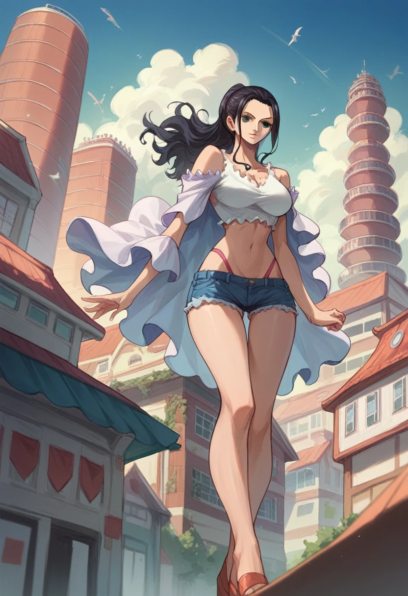 art by Eiichirio Oda, 1girl, nico robin, standing on a tall building's rooftop, wearing a white party dress, crop shoulder, thigh revealing,