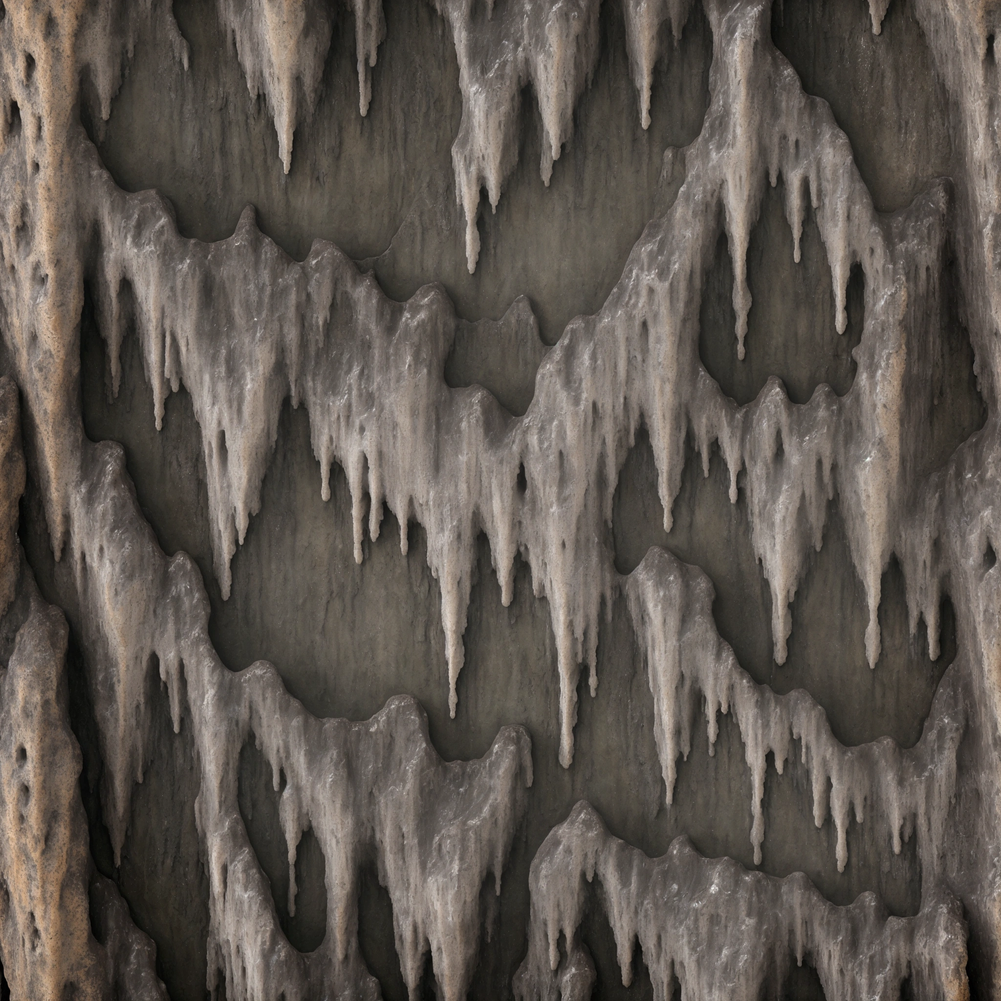 close flat Dripstone wall, 4k seamless texture, stalagnate wall, stalactite, stalagmite, wet, natural cave, close up, highly detailed, ultra-realistic, photorealistic, dramatic lighting, intricate details, natural rock formations, organic textures, moisture, gritty, earthy tones, moody atmosphere, cinematic