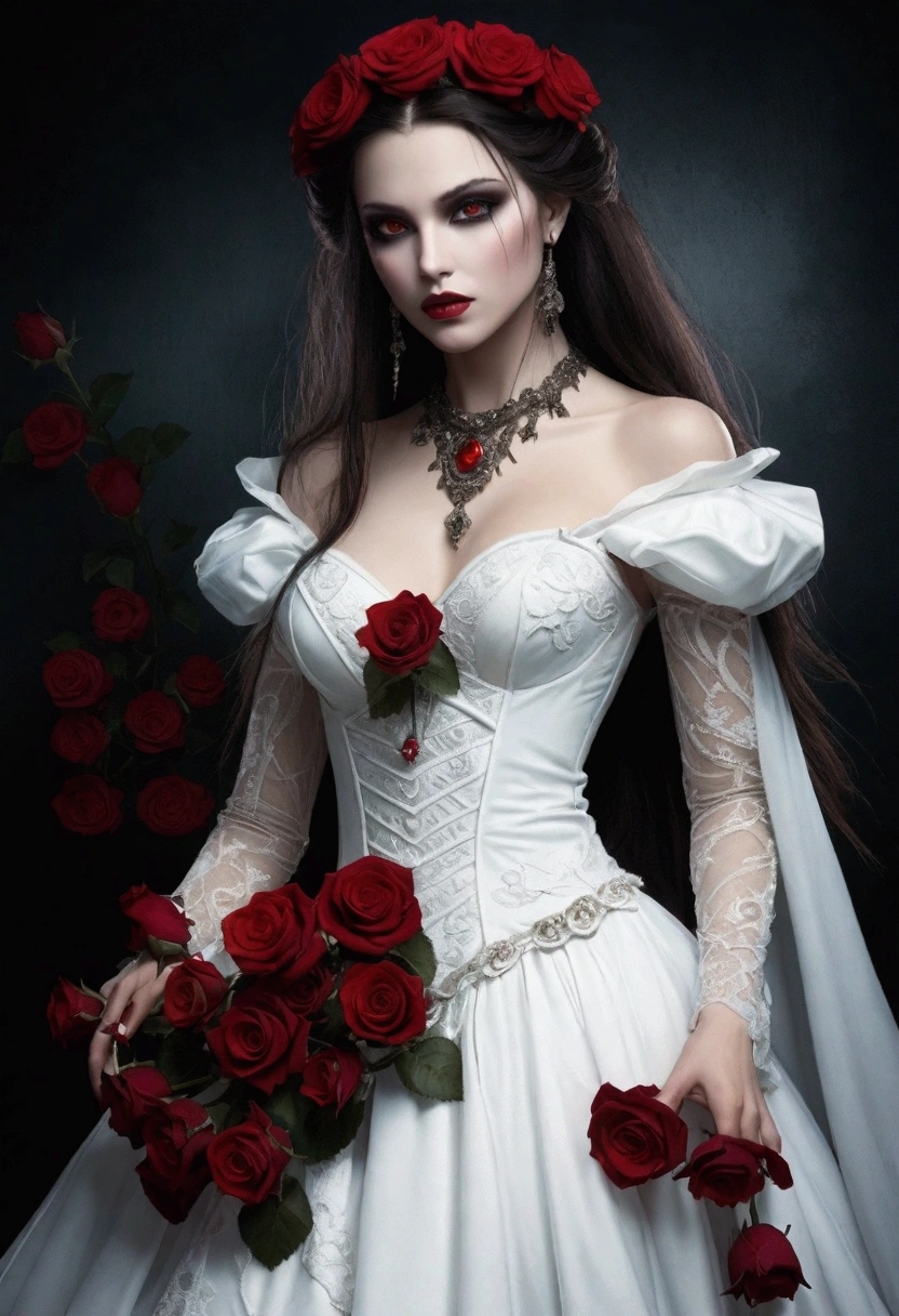 Create a digital masterpiece of a vampire wearing a white dress decorated with high-quality detailed roses. The work must exhibit the best possible quality, with an emphasis on extreme detail and a complex composition. Incorporate a Rich Color Palette, including deep reds for the roses, contrasting with the vampire's pale skin. Make sure the overall composition exudes elegance and a sense of supernatural beauty. Get inspired by artists like Luis Royo, Victoria Frances e Anne Stokes