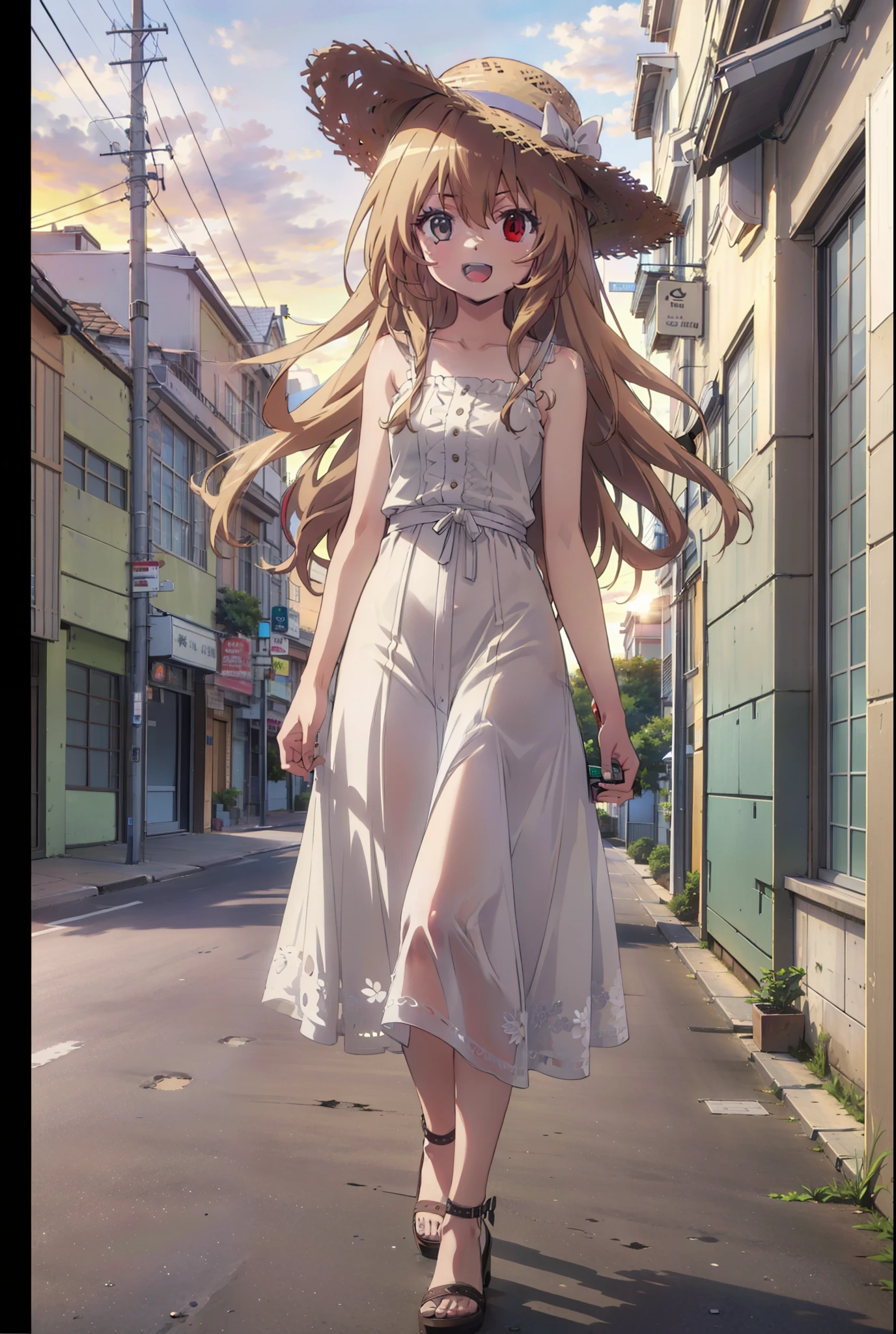 Aisaka Taiga, Aisaka Taiga, Long Hair, Brown Hair, Brown eyes,happy smile,smile, Close your mouth,Straw hat,White sleeveless dress,Long skirt,Heeled Sandals,evening,sunset,The sun is setting,whole bodyがイラストに入るように,Walking, break looking at viewer, whole body,
break outdoors,Coastal Road,In town,
break (masterpiece:1.2), Highest quality, High resolution, unity 8k wallpaper, (shape:0.8), (Beautiful attention to detail:1.6), Highly detailed face, Perfect lighting, Extremely detailed CG, (Perfect hands, Perfect Anatomy),