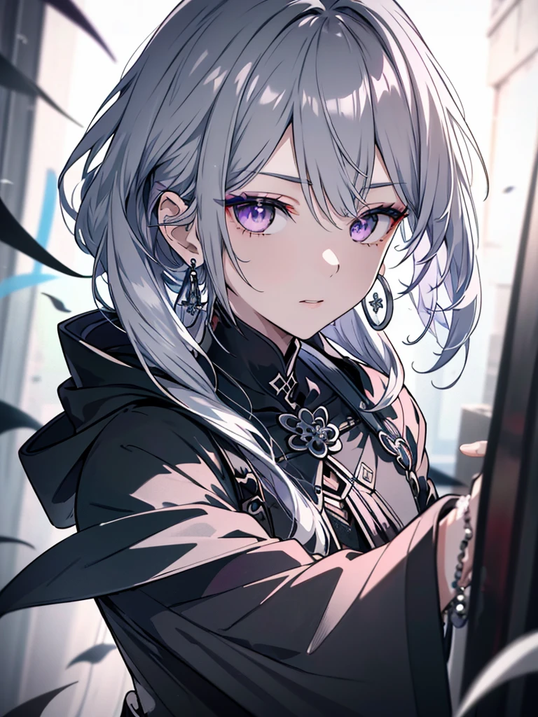 8k,High resolution RAW color art,Anime Art, (((Very detailed and cool))), Detailed skin, Blur、texture,(Exquisitely crafted, The finer details, Ultra-detailed art), (((One boy))), Depth of written boundary, Silky Touch, Hyper Detail, (((Cool face))), eye shadow、Silver Marble Skin, Beautifully detailed purple eyes, Beautiful lip detail, Very delicate face, Delicate depiction of hair and eyes, Detailed Fashion, Silver earrings,Silver Bracelet、Full body depiction, Black high neck、black waist cloak、 A little bit of grey hair、Semi-long hair、(((Hair)))、water surface、silk clotheatte、Soft clothes、cool、Food