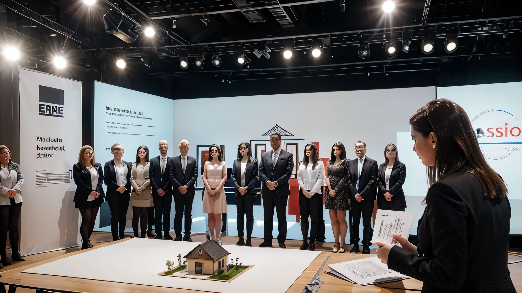 Prompt for Image: Emma presenting her architectural model in a competition, with judges and audience members looking impressed. clear face