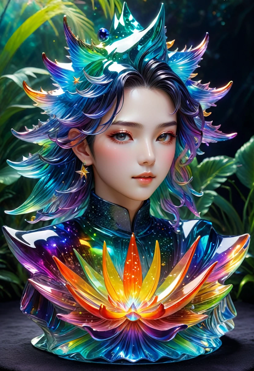 A detailed and vibrant portrait of glasssculpture, alisabcnv in a fantastical landscape with vibrant colors and intricate details, rendered in an art style that mixes realism with elements of surrealism, done by artists such as Ruan Jia and Yoshitaka Amano. Rainbow 🌈 Starfish 🌈 Spiritual hands of male gia yhe god Wiccan