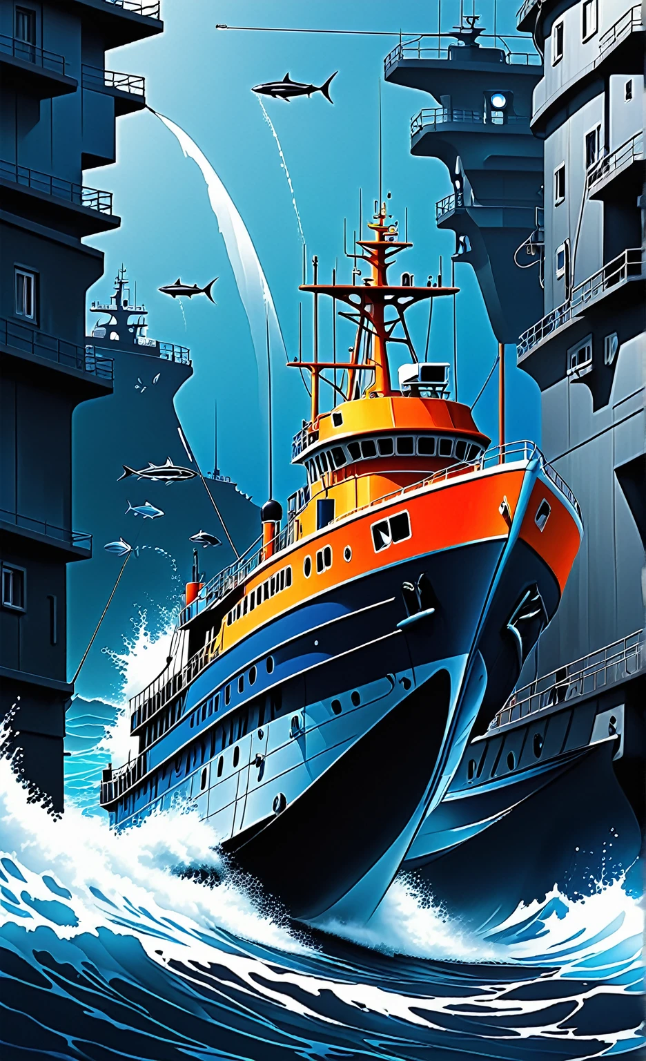 Nazare Notica Roll.2 - Fishing vessels and deep-sea submersibles, byLuis Duarte, Nano punk, Blue shade, Nazaré style, elemental water, Mythical punk, graphic interface, Space art, Science Fiction Art, Dark Influence, NijiExpress 3D v3, dynamic art, Data Mining, painting, Ink v3, splash style, Abstract Art, Abstract Technology, Network technology elements, Futuristic, Epic Style, Diagram v3, Decorative influence, Airbrush style,