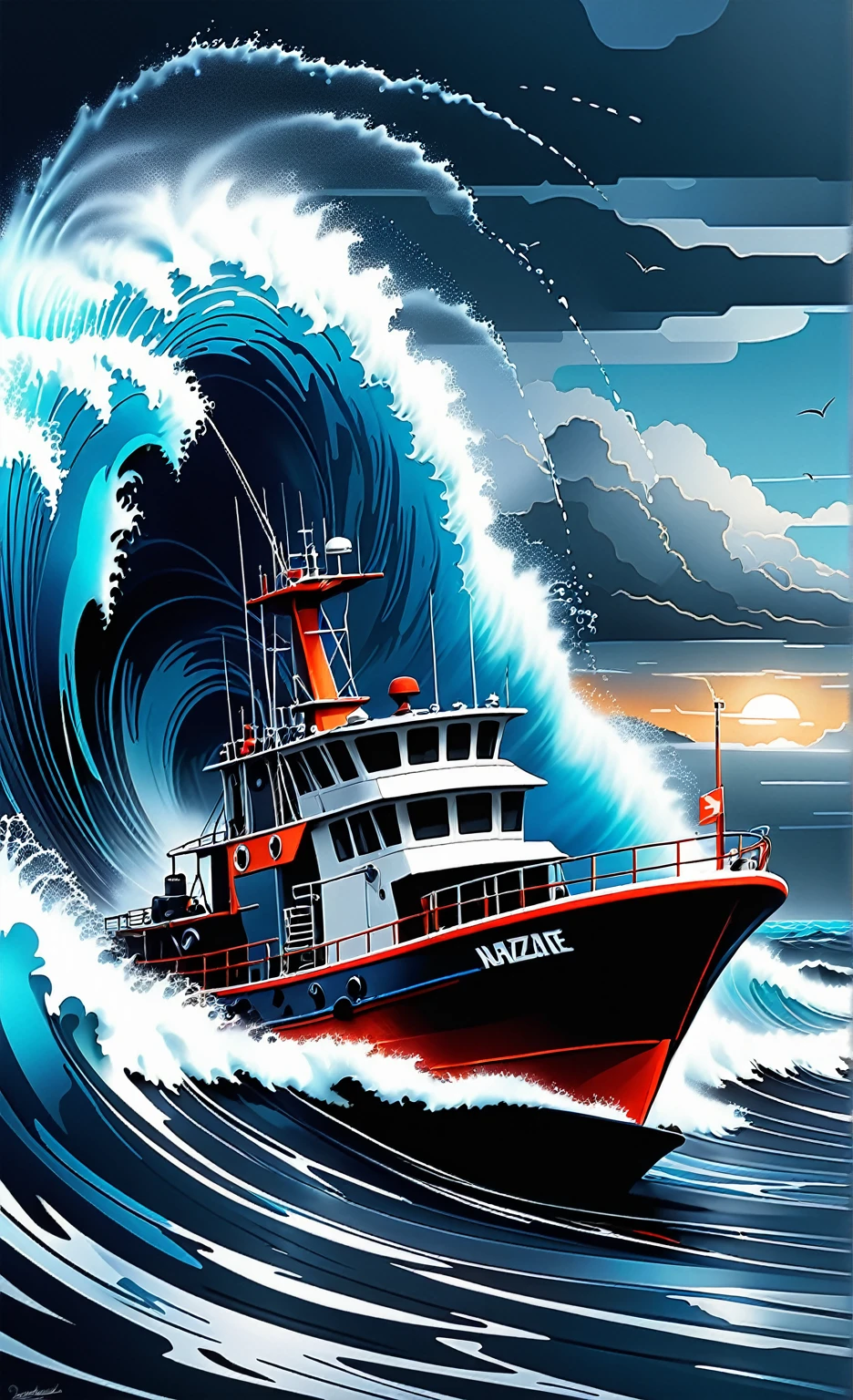 Nazare Notica Roll.2 - Fishing vessels and deep-sea submersibles, byLuis Duarte, Nano punk, Blue shade, Nazaré style, elemental water, Mythical punk, graphic interface, Space art, Science Fiction Art, Dark Influence, NijiExpress 3D v3, dynamic art, Data Mining, painting, Ink v3, splash style, Abstract Art, Abstract Technology, Network technology elements, Futuristic, Epic Style, Diagram v3, Decorative influence, Airbrush style,