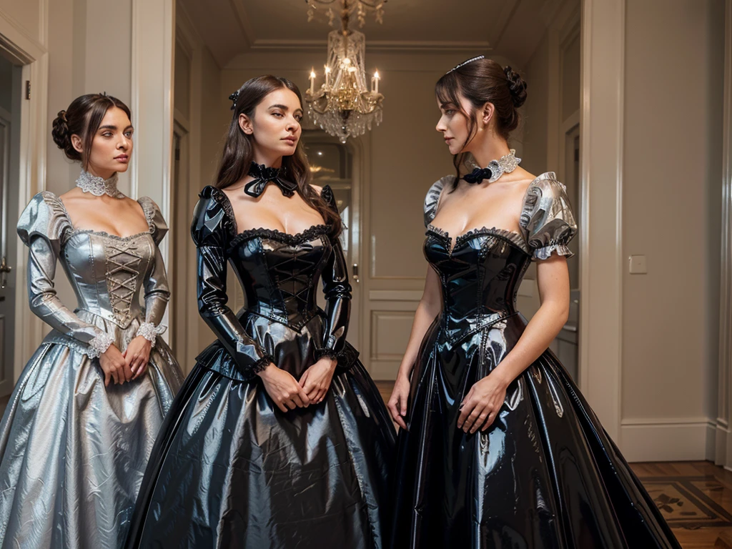 spectacularly beautiful mature trophy wife with elegant makeup wearing a very strict Victorian gown with massive crinoline, enormous tall starched lace collar and puff sleeves. shiny metallic satin. standing at Carlton Towers facing her poor twin sister dressed in a black pvc formal chambermaid uniform. upper body view