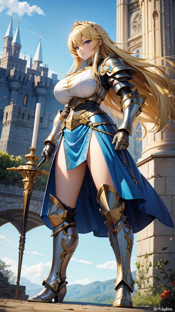 Blonde with huge breasts，Queen，Knight armor，blue skirt，Bare legs，iron boots，Standing,castle