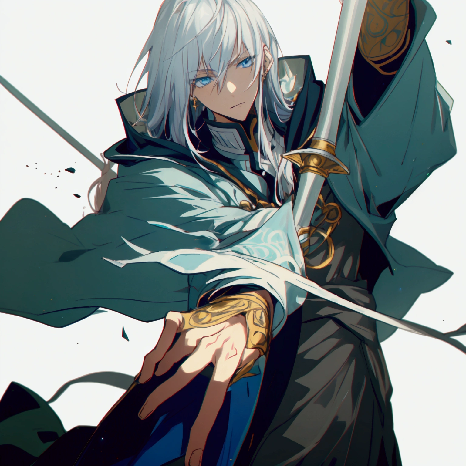 Wizard a young man, he has a silver hair and blue eyes, he wear a hood and wear gloves , he hold rapier
,starrystarscloudcolorful,add_detail:1, add_detail:0, add_detail:0.5,(realistic ultra details)