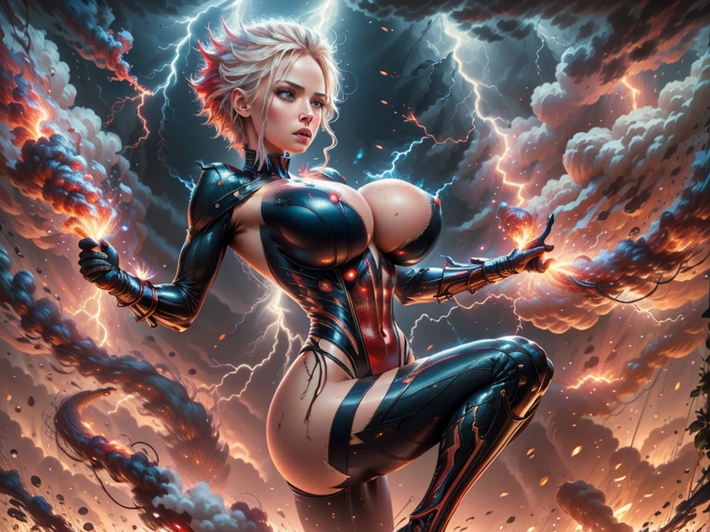 nsfw, topless, ragingstorm helen short hair, Brown Hair, Brown eyes, Superhero, ((Red bodysuit)), (Huge breasts:1.3, Fake Breasts), Highest quality, Ultra-detailed, Complex, Very detailed, masterpiece, born, 8K Ultra HD, Very detailed face:1.3, Detailed eyes:1.3, Detailed body:1.3, (lightning, storm), nsfw, topless