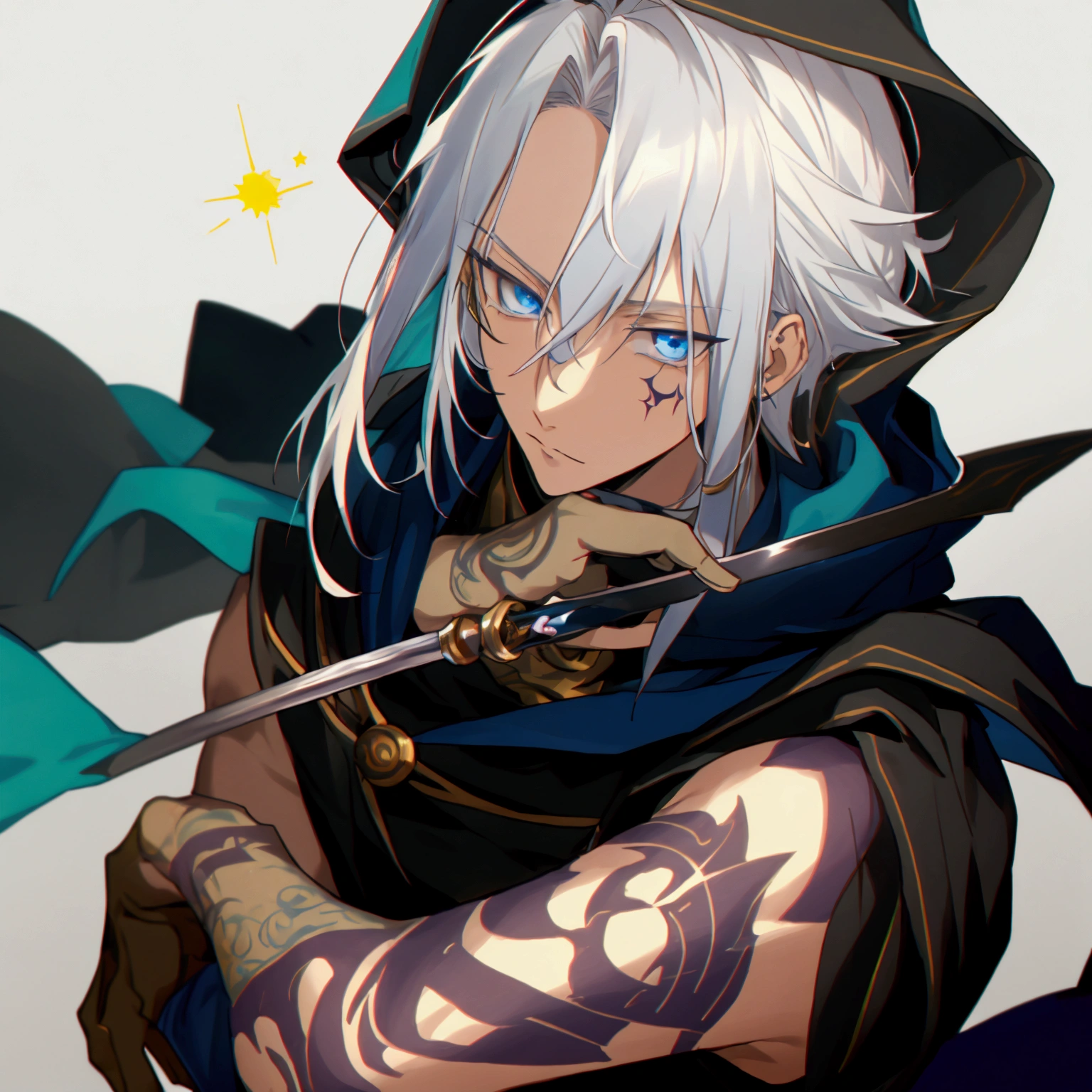 Wizard a young man, he has a silver hair and blue eyes, he wear a hood and wear gloves , he hold rapier
, he had tattoo,starrystarscloudcolorful,add_detail:1, add_detail:0, add_detail:0.5,(realistic ultra details)