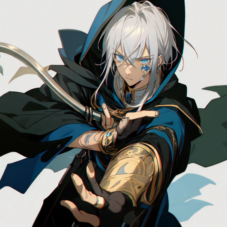 Wizard a young man, he has a silver hair and blue eyes, he wear a hood and wear gloves , he hold rapier
, he had tattoo,starrystarscloudcolorful,add_detail:1, add_detail:0, add_detail:0.5,(realistic ultra details)