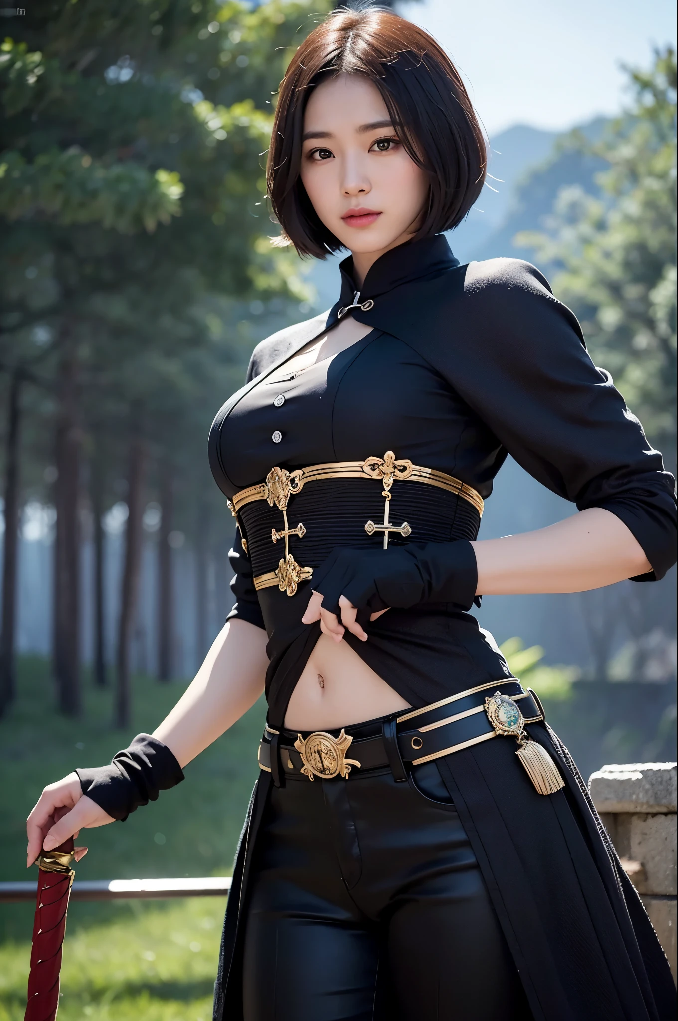 8k、alone、 big breasted beauty,Super Beauty(Like the real thing),Iris,super beautiful teenager,Black short bob hair,黒と赤のSexy Exterior,Black trousers,Golden decoration,長くて大きなJapanese sword,Demon Slayer: Androgynous Beauty,A wonderful work of art、Wind effects:1.9、Cloud Effect:1.2、Full Rendering,Unreal Engine、Japanese sword 1本,Cool beauty,Ultra-high resolution,super 超Realistic Skin,Ultra-precise hand-crafted detailing,1Japanese sword,smile,Photorealistic RAW photos of the highest quality。Backlight, Cinema Lighting, Film Grain, 50mm lens, Nikon D850,Realistic Skin,Fantasy art,Character Art,Ultra-high resolution,Muscular and slim body,Muscular and lean lower body,Precise facial details,What's left behind,Perfect hands,Cool sexy beauty,landscape,A lot of thick red smoke(largely),Ultra-realistic smoke,Extremely ripped abs,Muscular Beauty,Very large breasts,Sexy Exterior,Wide open chest,Body balance,smile,Makeup,Accentuate your cleavage,Dynamic fighting pose,