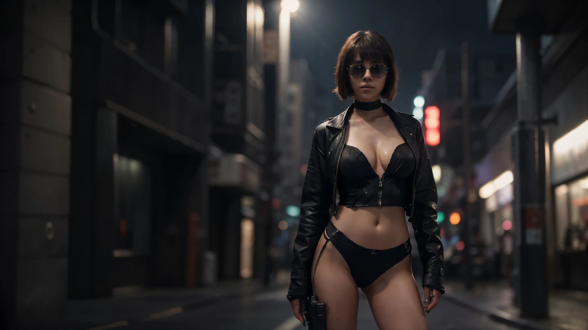 Blade Runner style futuristic city street, at night. (((1girl, solo, alone))), large-breast:1.3 slim:0.8 body, medium hair, cleavage:1.1, sexy micro laced lingerie with jacket, (black sunglasses), (((she raised a pistol:1.8 and shot the viewer))), standing pose, ((half-body thigh:0.95 level medium shot)), cinematic lighting, lens flare, ray tracing.