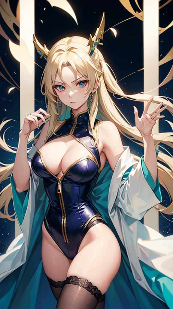 Tsunade from anime Naruto in an elegant sapphire corset leotard with a zipper