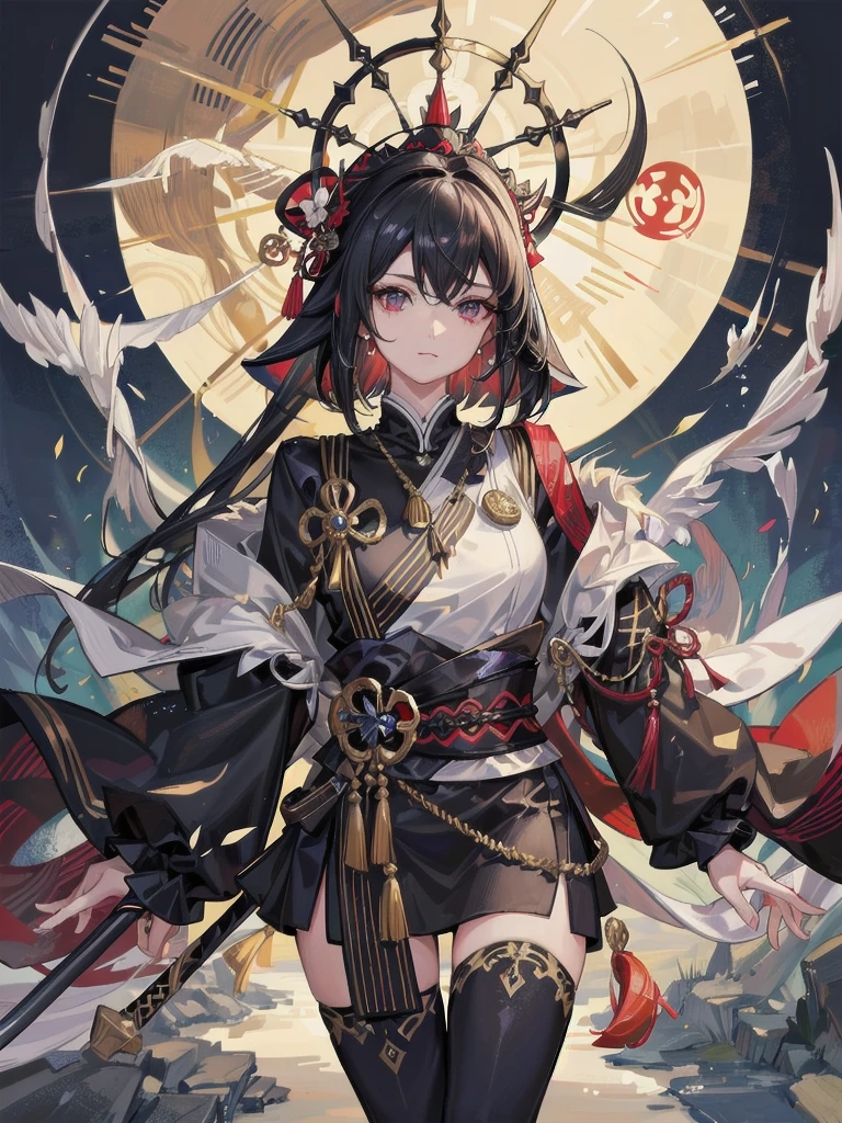 teens girl,brunette color hair,red - eyed,Princess cut,Qi bangs,High ponytail,black kimono,themoon,gold fish,and the wind,full bodyesbian