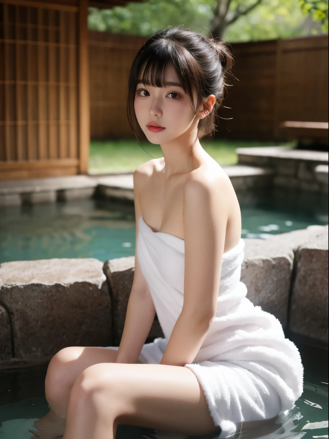 (8k, Top quality, Masterpiece:1.2), (Realistic, photo-realistic:1.37), Super detailed, perfect anatomy, cute, small eyes, 18 years old, a Japanese, girl, into the Onsen, tube top bath towel dress, blunt bangs,