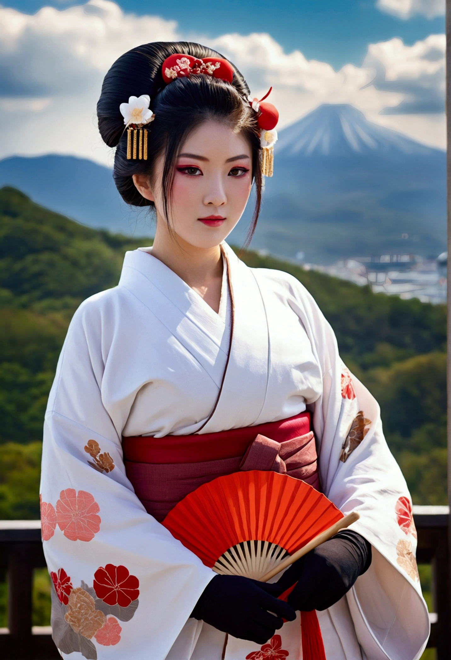 super huge mountain、The Alps、Nice views、Wonderful nature、Fantasy、Huge waterfall、High resolution、Highest quality、Masterpiece, Highest quality,One girl, red bow, bow, Long Hair, hair bow, , alone, hair band, bird, Black Hair, fingerless gloves, Short sleeve, gloves, sash, pants, bangs, red hair band, arms, chest, Brown eyes, white pants, kimono, Confused, A light smile, Official Art, Good composition, Official pose, detailed Portraiture, Portraiture, bokeh, Clouds and mountains background, warrior, onmyoji style, High resolution, Dramatic lighting and shadows, Solar flare, Blurred foreground 24k,High quality masterpiece, landscape, cloud, Bright starry sky. Traveler, Romantic Light, sexy pose Pixiv, Concept Art, Lofi Art Style, reflection. Roffie Art, Beautiful , Detailed landscape — width 672, Enhanced Details. change, Leprechaun,A woman in a kimono holding a folding fan and a uchiwa fan, Traditional Japanese, Japanese style, Japanese Goddess, glamorous and sexy geisha, japanese geisha, Traditional beauty, in kimono, geisha, beauty geisha, Inspired by Fujiwara Takanobu, traditional geisha clothing, geisha makeup, organic seductive geisha, geisha make up