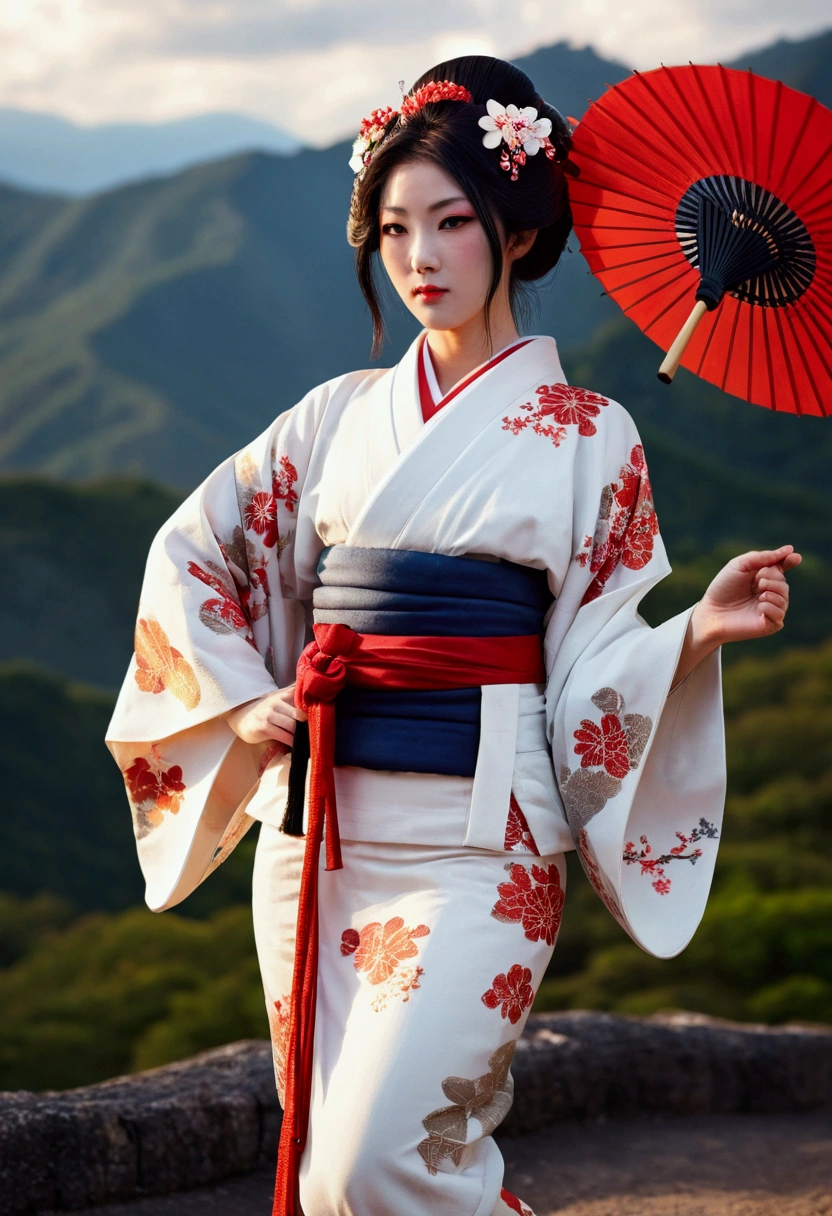 super huge mountain、The Alps、Nice views、Wonderful nature、Fantasy、Huge waterfall、High resolution、Highest quality、Masterpiece, Highest quality,One girl, red bow, bow, Long Hair, hair bow, , alone, hair band, bird, Black Hair, fingerless gloves, Short sleeve, gloves, sash, pants, bangs, red hair band, arms, chest, Brown eyes, white pants, kimono, Confused, A light smile, Official Art, Good composition, Official pose, detailed Portraiture, Portraiture, bokeh, Clouds and mountains background, warrior, onmyoji style, High resolution, Dramatic lighting and shadows, Solar flare, Blurred foreground 24k,High quality masterpiece, landscape, cloud, Bright starry sky. Traveler, Romantic Light, sexy pose Pixiv, Concept Art, Lofi Art Style, reflection. Roffie Art, Beautiful , Detailed landscape — width 672, Enhanced Details. change, Leprechaun,A woman in a kimono holding a folding fan and a uchiwa fan, Traditional Japanese, Japanese style, Japanese Goddess, glamorous and sexy geisha, japanese geisha, Traditional beauty, in kimono, geisha, beauty geisha, Inspired by Fujiwara Takanobu, traditional geisha clothing, geisha makeup, organic seductive geisha, geisha make up