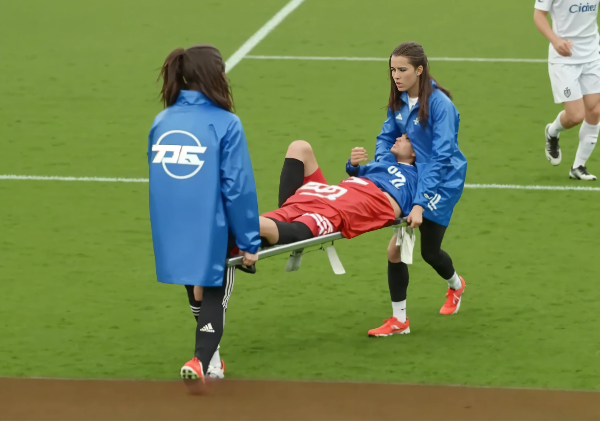 There are two madeup women I shiny and wetlook outfits carrying a stretcher on a sports ground, there is a slightly bearded and attractive young male sportsman lying injured on a stretcher with a very painful expression, there is a sportsman lying on his back on a stretcher and covers his painful looking face with his hands, there are women in wetlook laquered outerwear carrying a man on a stretcher in a sports stadium, there is a man on a stretcher being carried by two very madeup women, there is a bearded soccer-player lying on a stretcher, there is a soccer-player on a stretcher with his hands over his face, a soccer-player is lying on a stretcher and has put his hands over his face, soccer