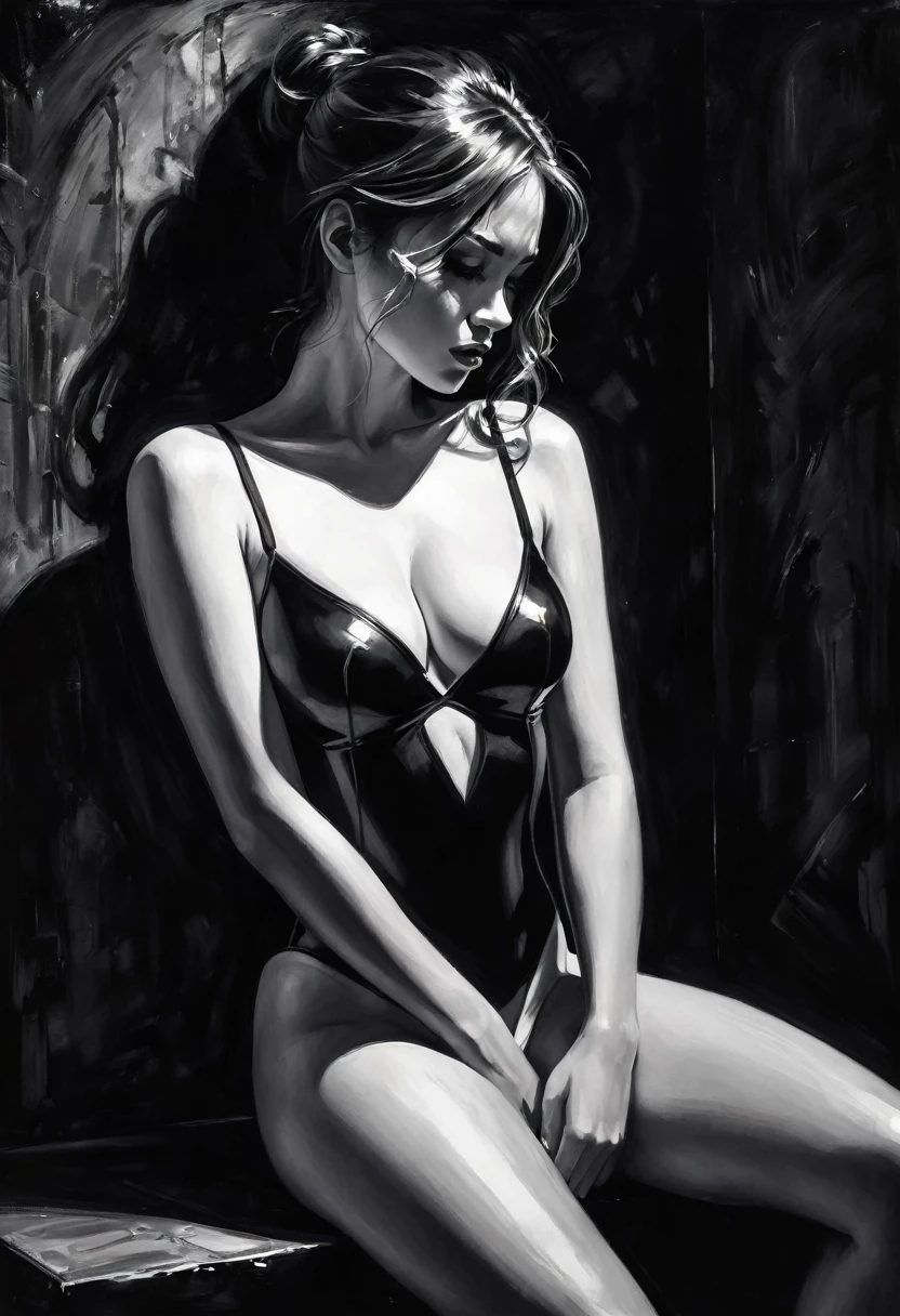 girl, alone, eroticism, sexy, black and white image, between shadows, oil painting, chiaroscuro, sensual, dramatic lighting, moody atmosphere, photorealistic, intricate details, masterpiece, ultra-detailed, high quality, 8k, best quality, realistic, cinematic, dark and brooding, expressionistic, powerful composition, emotional impact, Bill Sienkiewicz inspired art, black leotard, cleavage
