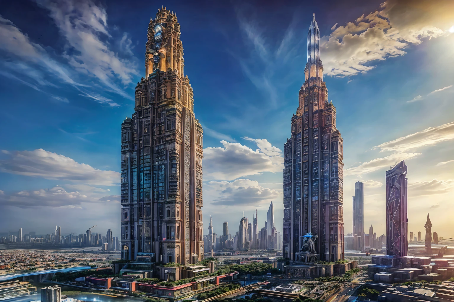 An ultra-high picture quality、Maximum quality、futurecity、cyber punk、vibrant light、skyscrapers、In the clouds、View of the universe、SF World、Huge colossal Indian statue of lord Shiva in the middle of the city, huge colossal Indian statue, (((huge colossal Indian statue))), (((morning)))