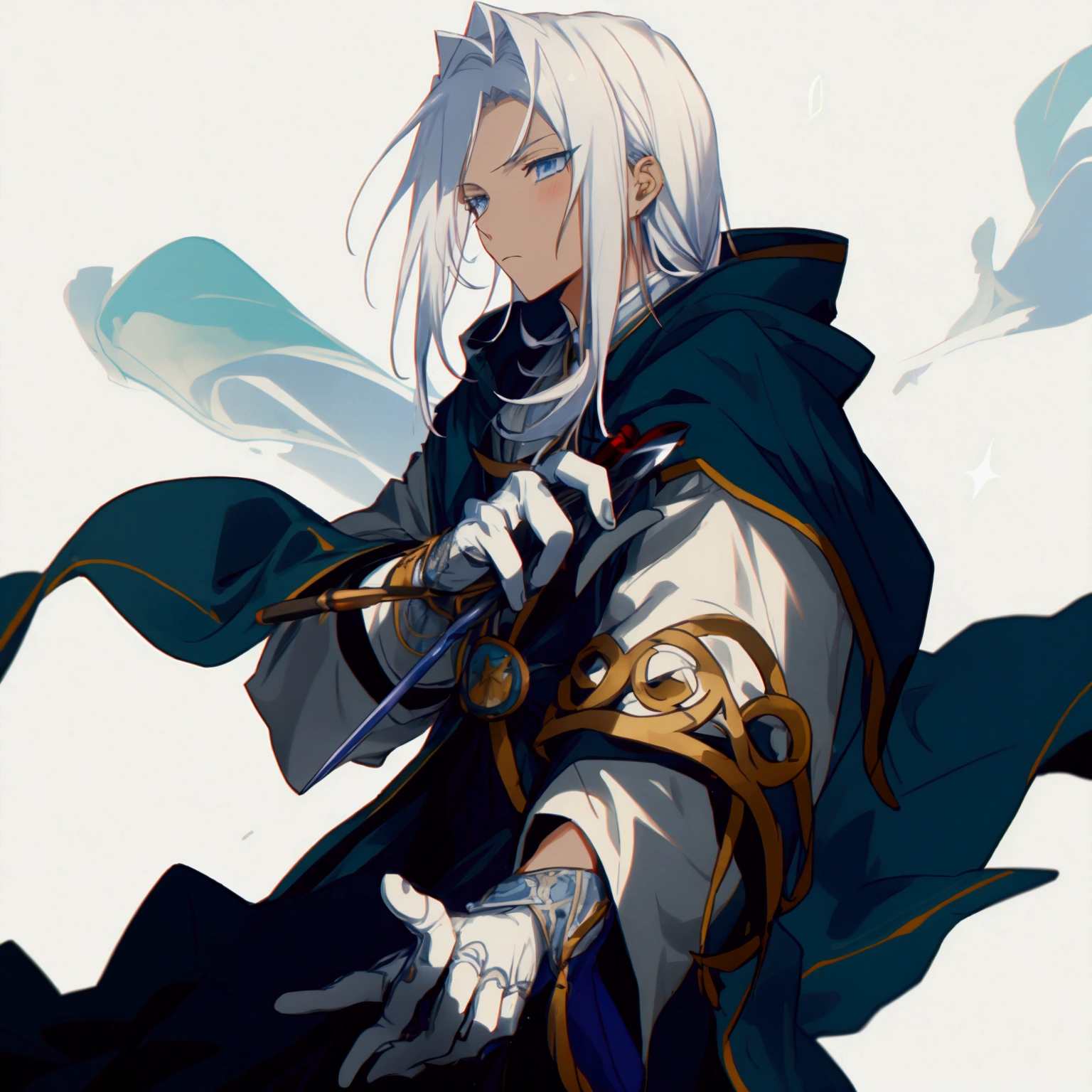 Wizard a young man, he has a silver hair and blue eyes, he wear a hood and wear gloves , he hold rapier
,starrystarscloudcolorful,add_detail:1, add_detail:0, add_detail:0.5,(realistic ultra details)