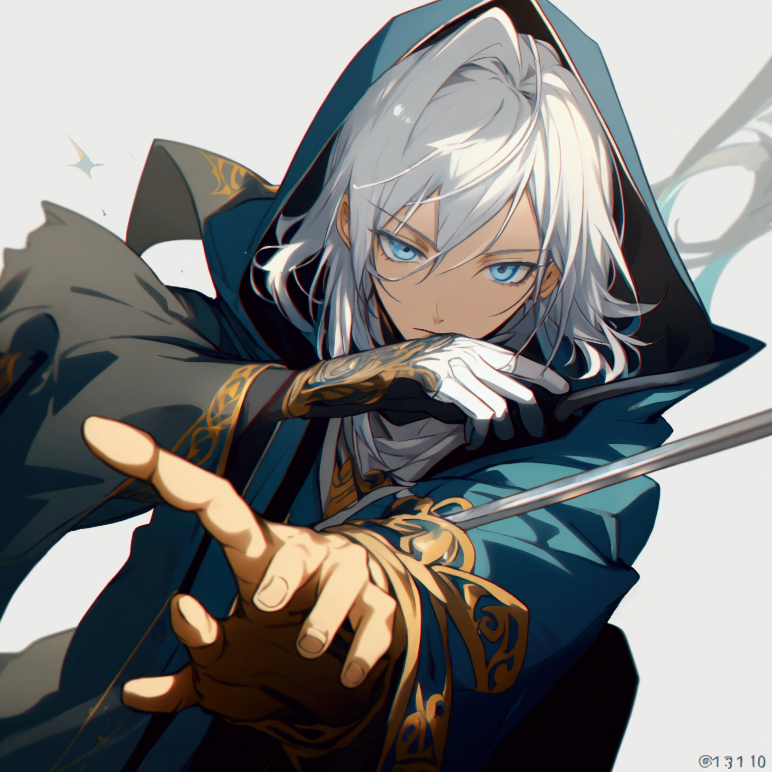 Wizard a young man, he has a silver hair and blue eyes, he wear a hood and wear gloves , he hold rapier
,starrystarscloudcolorful,add_detail:1, add_detail:0, add_detail:0.5,(realistic ultra details)