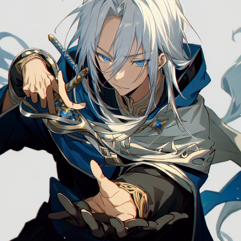 Wizard a young man, he has a silver hair and blue eyes, he wear a hood and wear gloves , he hold rapier
,starrystarscloudcolorful,add_detail:1, add_detail:0, add_detail:0.5,(realistic ultra details)