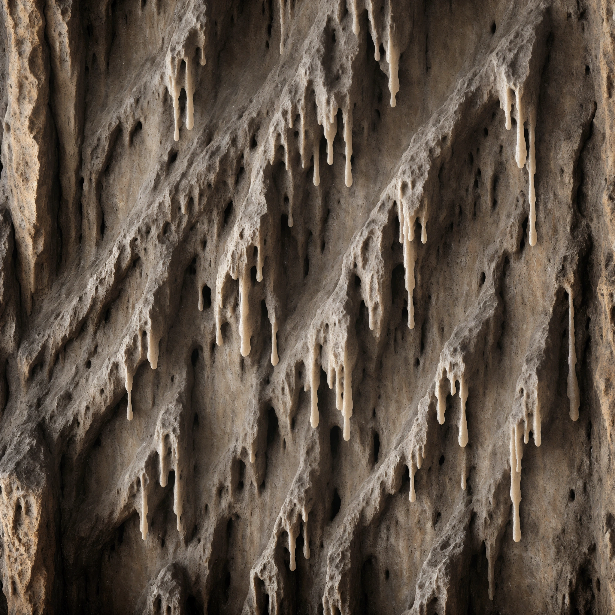 close flat Dripstone wall, 4k seamless texture, stalagnate wall, stalactite, stalagmite, wet, natural cave, close up, highly detailed, ultra-realistic, photorealistic, dramatic lighting, intricate details, natural rock formations, organic textures, moisture, gritty, earthy tones, moody atmosphere, cinematic