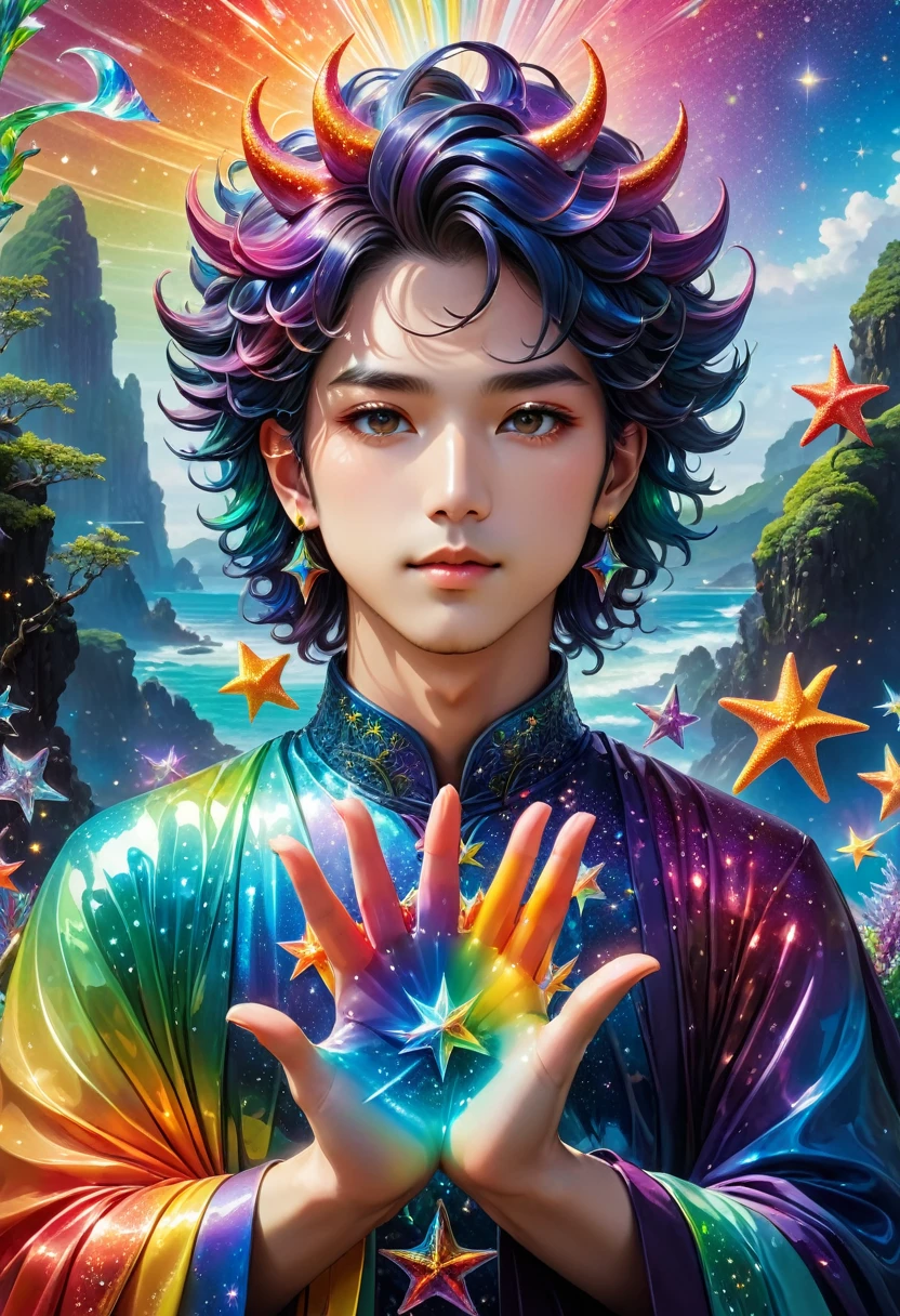 A detailed and vibrant portrait of glasssculpture, alisabcnv in a fantastical landscape with vibrant colors and intricate details, rendered in an art style that mixes realism with elements of surrealism, done by artists such as Ruan Jia and Yoshitaka Amano. Rainbow 🌈 Starfish 🌈 Spiritual hands of male gia yhe god Wiccan #gaymale #Sexyrainbowpastelbodysuit #fullview