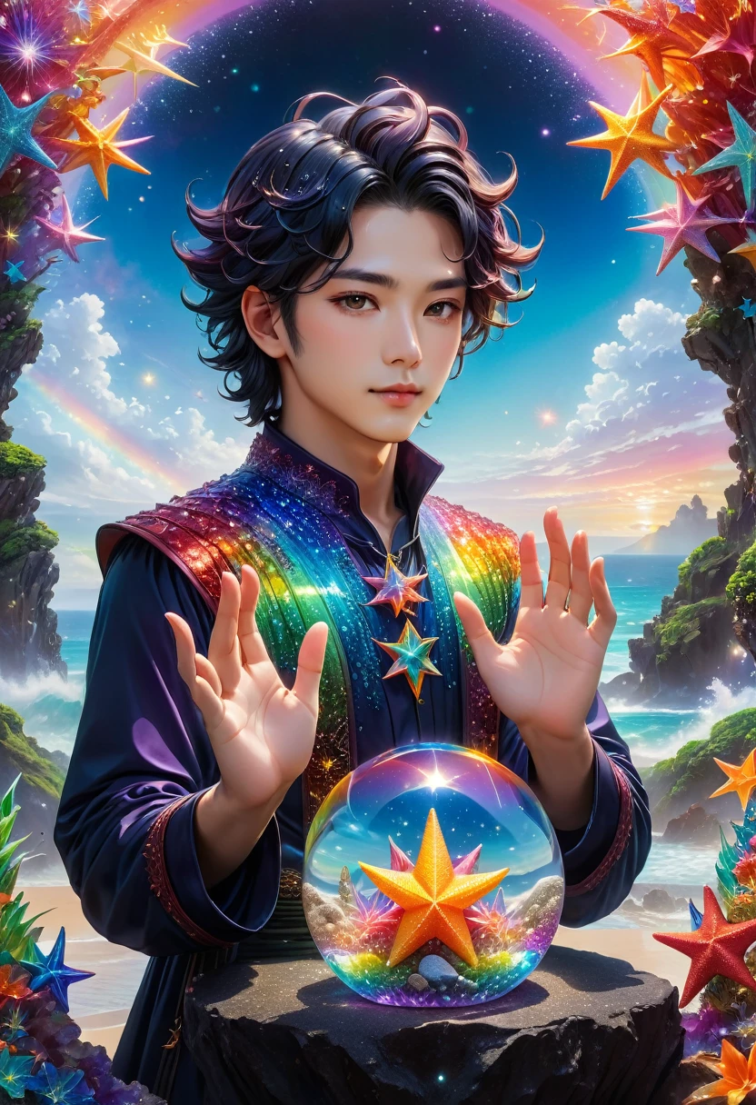 A detailed and vibrant portrait of glasssculpture, alisabcnv in a fantastical landscape with vibrant colors and intricate details, rendered in an art style that mixes realism with elements of surrealism, done by artists such as Ruan Jia and Yoshitaka Amano. Rainbow 🌈 Starfish 🌈 Spiritual hands of male gia yhe god Wiccan #gaymale #Sexyrainbowpastelbodysuit #fullview