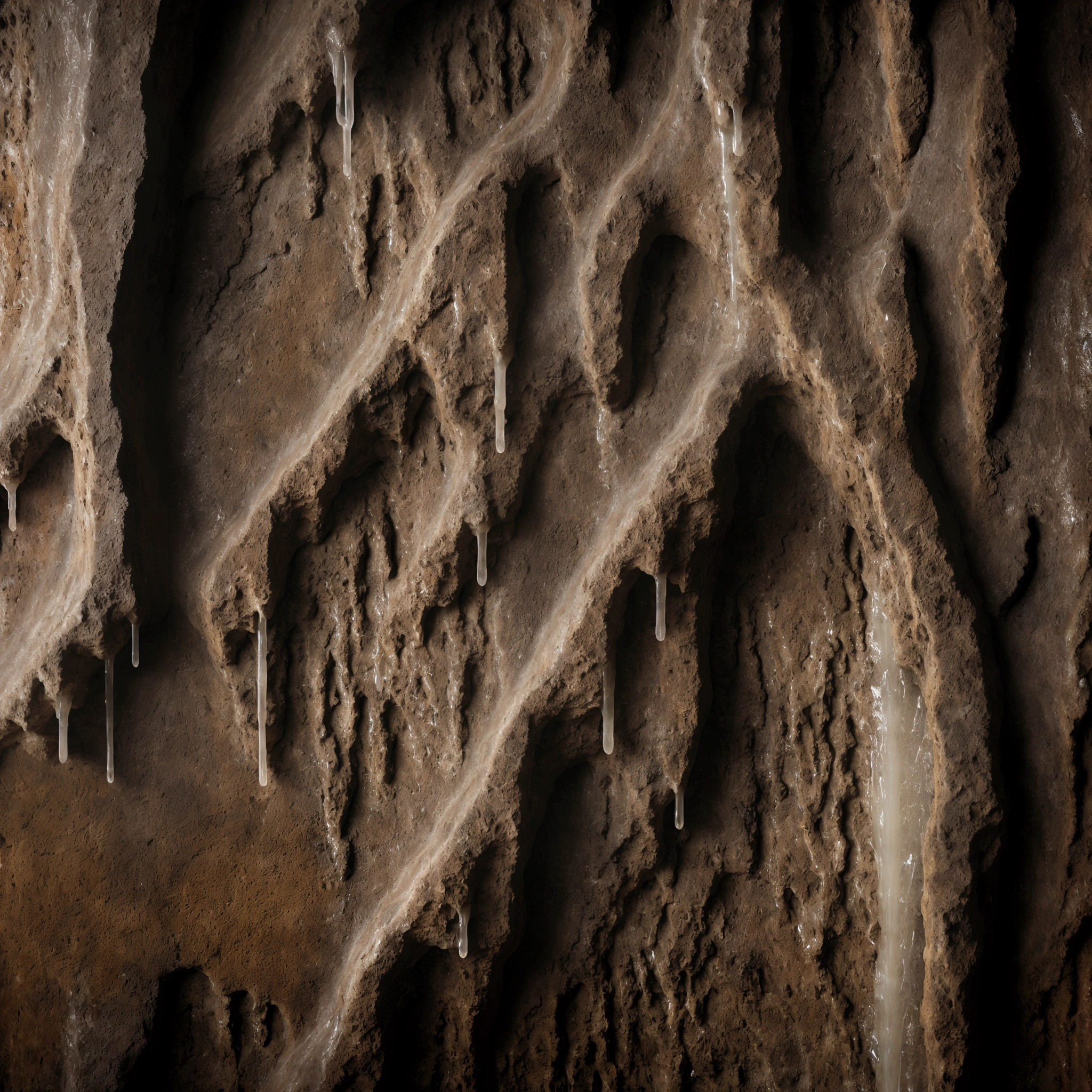 close flat Dripstone wall, 4k seamless texture, stalagnate wall, stalactite, stalagmite, wet, natural cave, close up, highly detailed, ultra-realistic, photorealistic, dramatic lighting, intricate details, natural rock formations, organic textures, moisture, gritty, earthy tones, moody atmosphere, cinematic