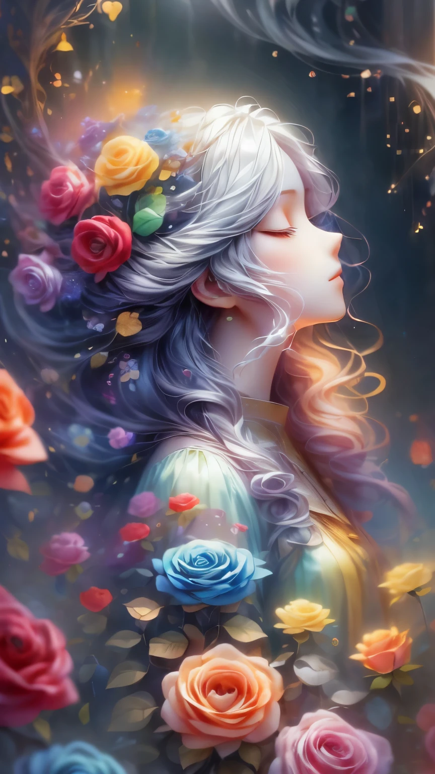 (Profile beauty,Long colored hair,close your eyes,masterpiece roses),Rainbow background, (figure:1.2,Paper Art:1.2, Tangled:1.2, 3D Rendering),(Highest quality, Detailed explanation, masterpiece, Official Art, Lighting Effects, 4K, Chiaroscuro)