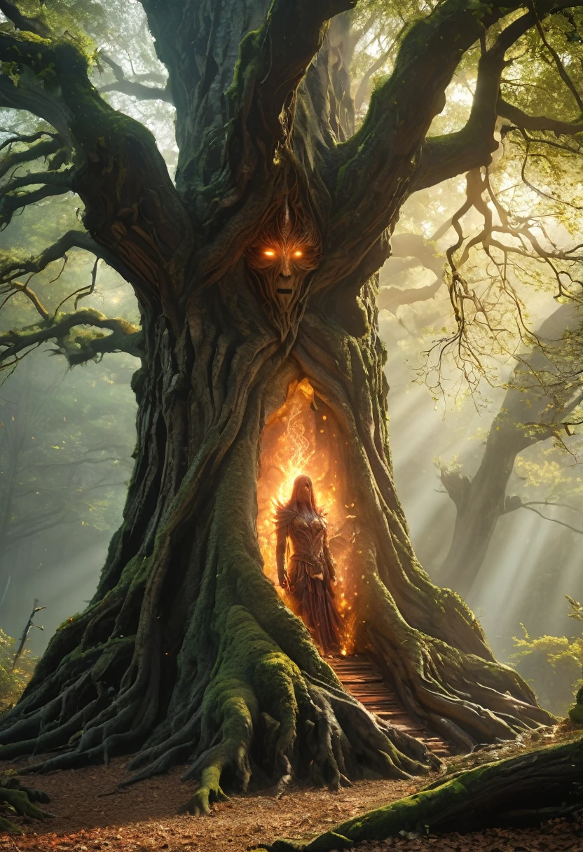 (best quality,4k,8k,highres,masterpiece:1.2),ultra-detailed,(realistic,photorealistic,photo-realistic:1.37),santient tree guarding the ancient forest,sapient tree, mystical creature,imposing old tree figure,otherworldly,terrifying,highly detailed face and body,inhuman features and proportions,weathered tree,mystical aura,glowing fiery eyes,dark,ominous atmosphere,dramatic lighting,vibrant color,magical particles swirling around,wood energy emanating,powerful presence,ethereal beauty,herculean strength,captivating gaze,unsettling presence,haunting and mesmerizing,horrifyingly enchanting