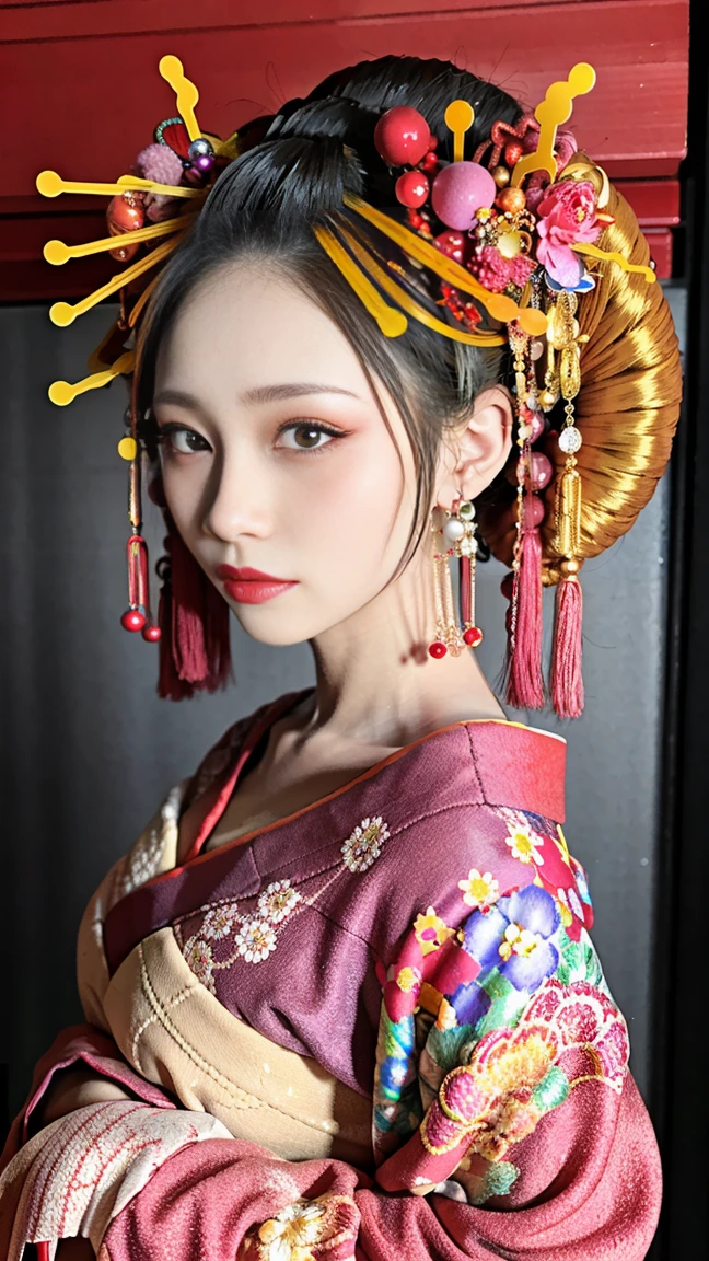 4K, masterpiece, High resolution, Absurd,Natural volumetric lighting and amazing shadows, 笑face,The depth of the written world,soft delicate beautiful attractive face, Beautiful Edge Oiran_woman, a woman in a kimono posing for a picture  ,Perfect Edge Oiran_face,Perfect Edge Oiran_body,edg oiran_Compensate,edg oiran_Hairstyle