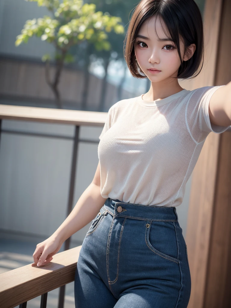 8K, masterpiece, raw photo, highest quality, photorealistic, high definition CG Unity 8K wallpaper, depth of field, cinematic light, lens flare, ray tracing, (very beautiful face, beautiful lips), beautiful eyes ), face with intricate details, ((super detailed skin)) 1 girl, angle from the side, smile, black back, black shadow, knit cassock wear (saggy breasts), breast shape of middle-aged ( D cup), shoulder bag hanging diagonally, denim micro miniskirt, pantyhose (real), brown hair bob, (dark eyes 1.1), realistic face, standing posture, defenseless lower body, dramatic lighting, design: Japan's cutest beauty Girl idol! ! !