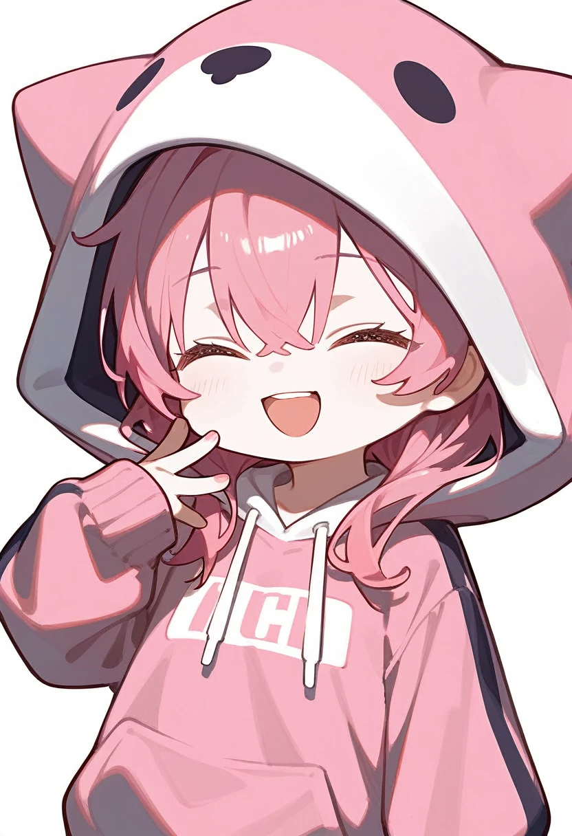 score_9,score_8_superior,score_7_superior,One girl,Pink Hair,alone,hood chibi,bangs,close eyes,smile,standing,full body,posing,Open your mouth,In-person audience,hoodie,Wearing a hood,Long sleeve,Hair between the eyes,Sleeves are longer than your fingers,white background,