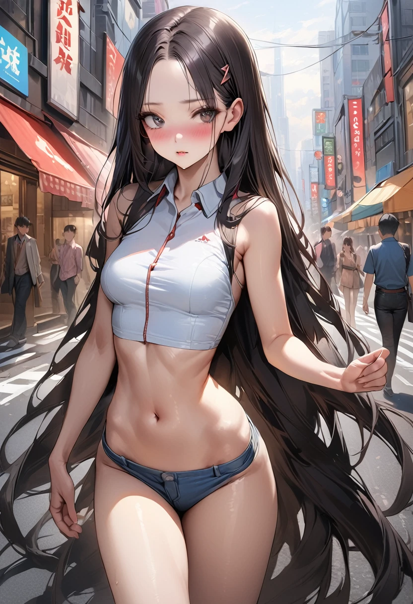 ((masterpiece,Highest quality:1.3,best quality illustration)),realistic,cowboy shot,独奏,1woman,(18 year old beauty),((very small head:1.3)),black hair,long hair,forehead,center parted bangs,black eyes,gorgeous big eyes,blush,((very long body,skinny)),medium breasts,gleaming skin,toned body,slender body,skinny,(Red checked collared shirt)、Denim mini skirt、on street,Shinjuku、Tokyo、