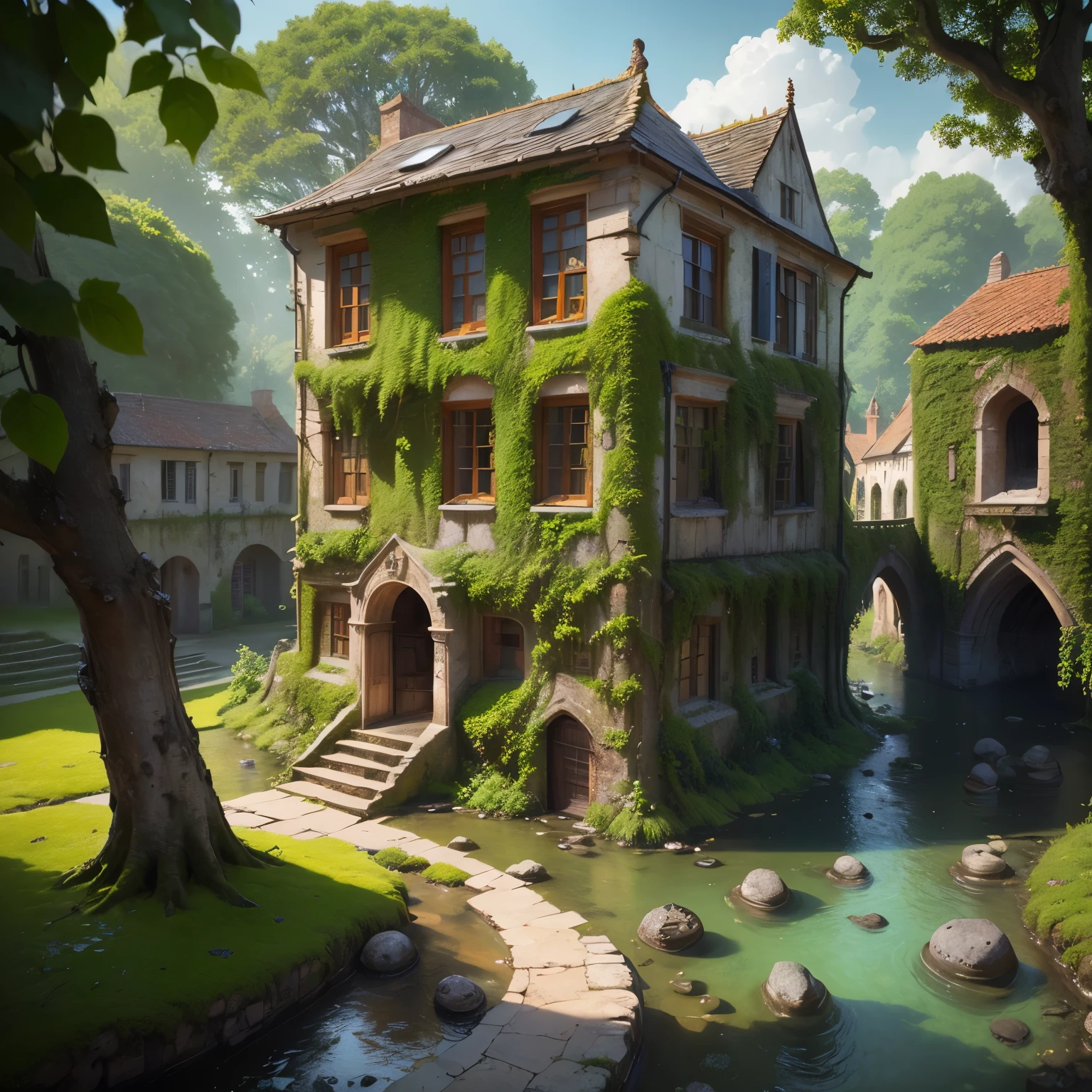 (number々Award-winning masterpiece, Incredible detail, Texture and maximum detail), (hyper Realistic:1.4), (Realistic:1.3), (Highest Quality Real Texture Skins), (Ruins of a medieval European stone city), (Medieval stone town covered in moss and ivy), (A medieval stone town returning to nature), (Eroded by pure water), (Tree roots, Beautiful plants growing on ivy and stone walls),