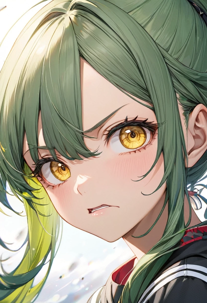 (Close-up face style), (pov, solo:2, 15 yo), (beautiful ponytail) (beautiful detailed green hair long hair) (lovely girl, beautiful angry yellow eyes), (very angry face:1.3), in a cute one piece, BREAK, perfect anatomy, masterpiece, best quality, 16k, beautiful detailed lclose-up face, daydreaming expression.