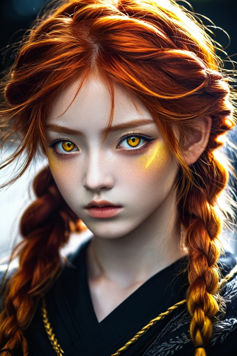 stunning anime portrait of a red-haired girl with intense yellow eyes, close-up view, intricate hand details, braided hair, dark clothing, strong light and shadow contrasts, black nails, 17 years old, digital illustration, inspired by yoshitaka amano, masterpiece