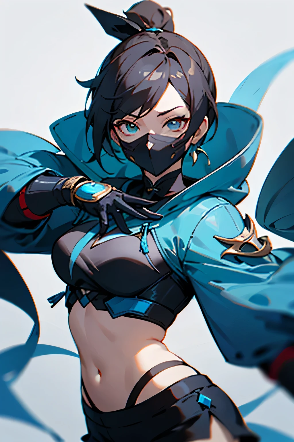 Kitana from Mortal Kombat 1, Make her face Genshin and Honkai looks like face, sharp slanted eyes, wearing metal armored mask, Ponytail dark hair, short hair, crop top oversized hoodie street wear style, wearing dark colour skort, holding soft blue nearly white background,chromatic effect