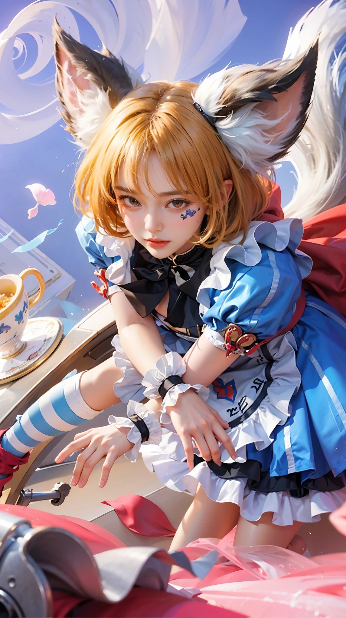 Harley Quinn Alice in blue and white dress falling upside down holding a white rabbit and screaming and playing cards are flying 