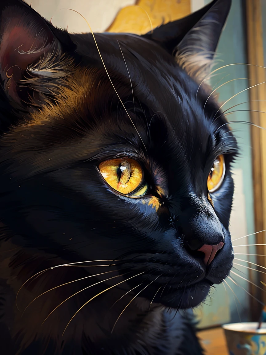 Painting of a black cat, Inspired by Picasso, Influenced by Van Gogh, Close-up shot of a black cat&#39;Face, Very colorful, Bright color palette, Oil, An illustration, unique configuration.