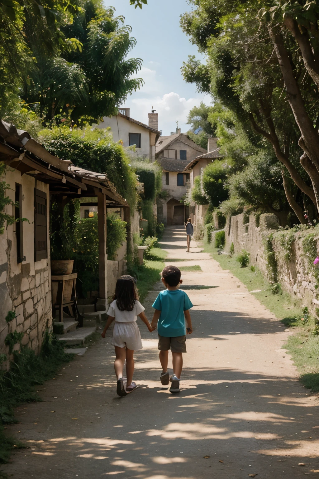 menino: Miguel, aproximadamente 5 anos de idade, cabelo curto estilo Disney, olhos castanhos e sorrisos. garota: Giovana, 2 anos, longos cabelos pretos e olhos azuis. scenecy: Miguel and Giovana are in a cozy little house in the valley, ao fundo um dia ensolarado, Destacando o Sol.