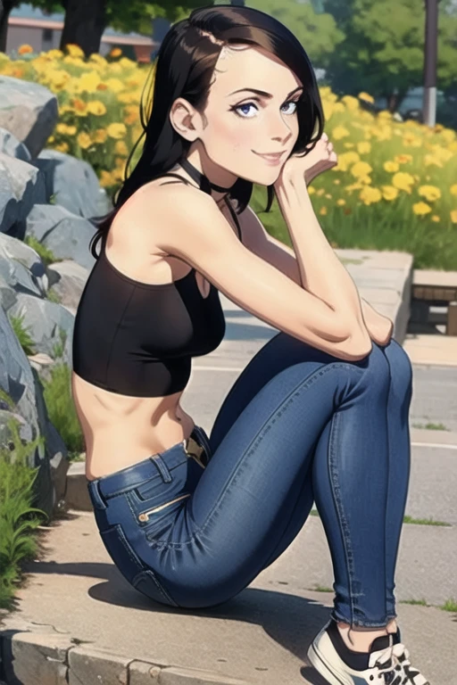 (masterpiece, best quality:1.2), lau,1girl, solo, slim body, skinny body, full body, black hair, choker, skinny jeans, black croptop, sexy, hot, beautiful, skinny legs, skinny arms, sitting at park, 8k, from side, face closeup, shy, converse shoes, smile