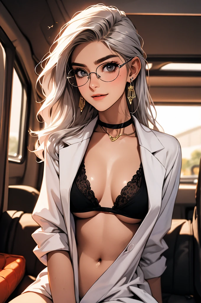 tmasterpiece，（tmasterpiece，top-quality，best qualityer），1girll， jewely，耳Nipple Ring，choker necklace，bangle， hoop earings， circle glasses，sun glasses， Long hair and long meat， Blonde hair，Black color hair，Silvery-white hair，Maroon hair， solo， ssmile， looking at viewert， motorvehicle，The Car， Sports cars，groundvehicle， Sat down， exteriors， daysies， nedium breasts，Open navel， dark skinned female， floral patterns， grinning smile，collars，Laser cloth，Sexy bikini，laser，holy rays，gold foil，Gold leaf art，glitter drawing，Correct anatomy，Detailed face, Detailed eyes，Chest exposed，leopard print, labcoat