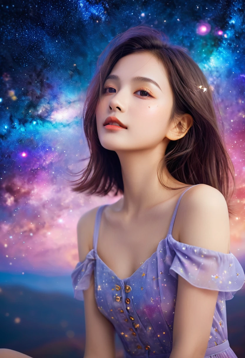 High Detail, Super Detail, Ultra-high resolution, Girl enjoying time in fantasy galaxy, Surrounded by stars, The warm light shines on her, Background is starry sky,There are colorful galaxies and galaxy clouds, Stars flew around her, Delicate face, Add a fun atmosphere ,
