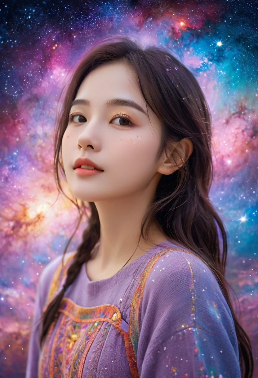 High Detail, Super Detail, Ultra-high resolution, Girl enjoying time in fantasy galaxy, Surrounded by stars, The warm light shines on her, Background is starry sky,There are colorful galaxies and galaxy clouds, Stars flew around her, Delicate face, Add a fun atmosphere ,