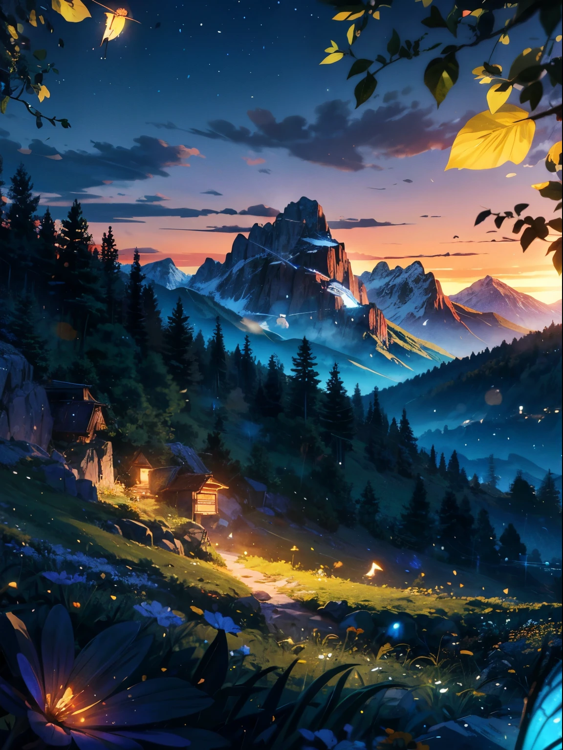 Anime landscape with mountains and flowers in the foreground,Anime inspired green landscape of the Alps with bright blue glass like sky shining with glittering glittering effect(Bokeh effect) (firefly)